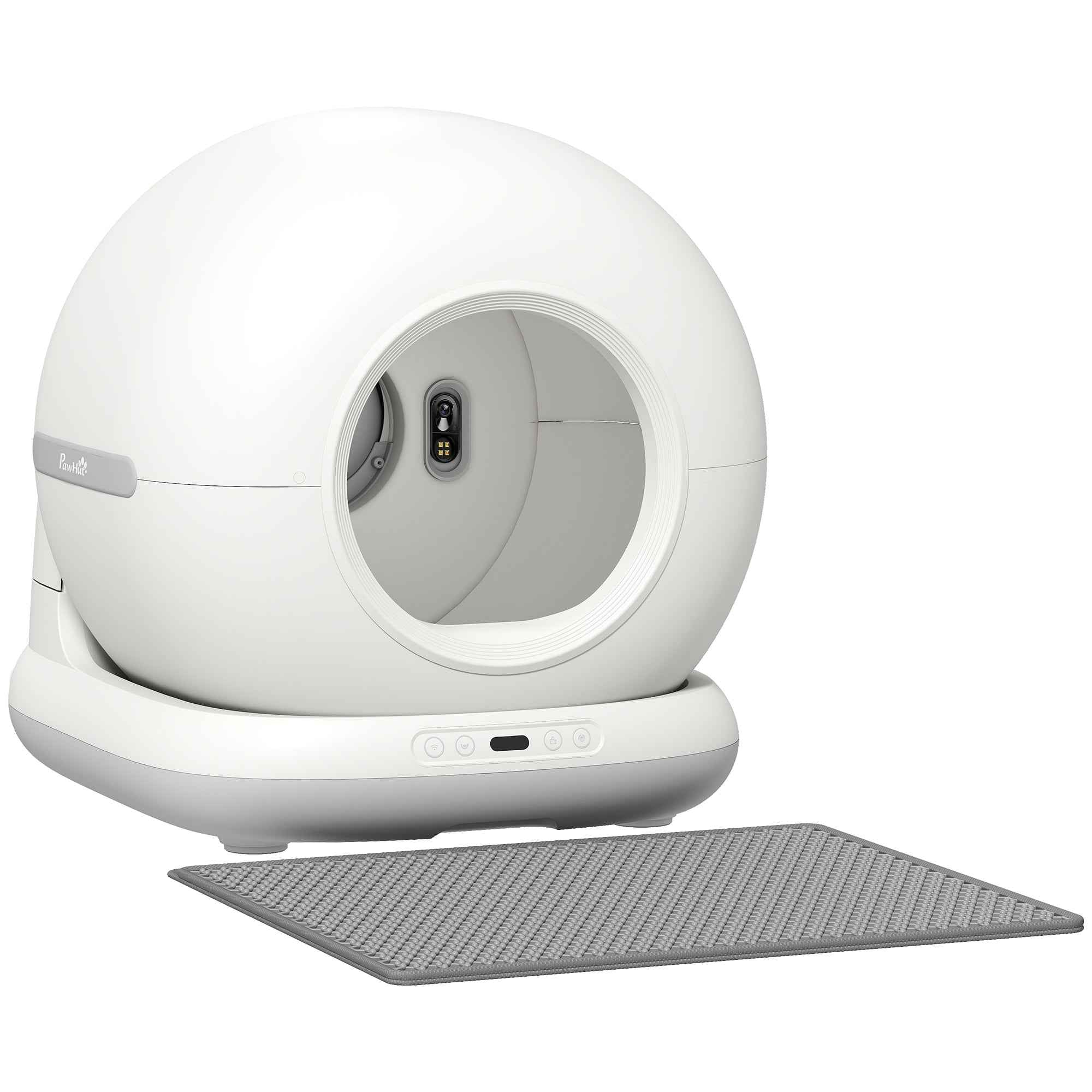 PawHut Self-Cleaning Litter Box with HD Camera, 7L Container and Sensors, in PP and ABS, 58.1x47.5x53 cm, White and Grey