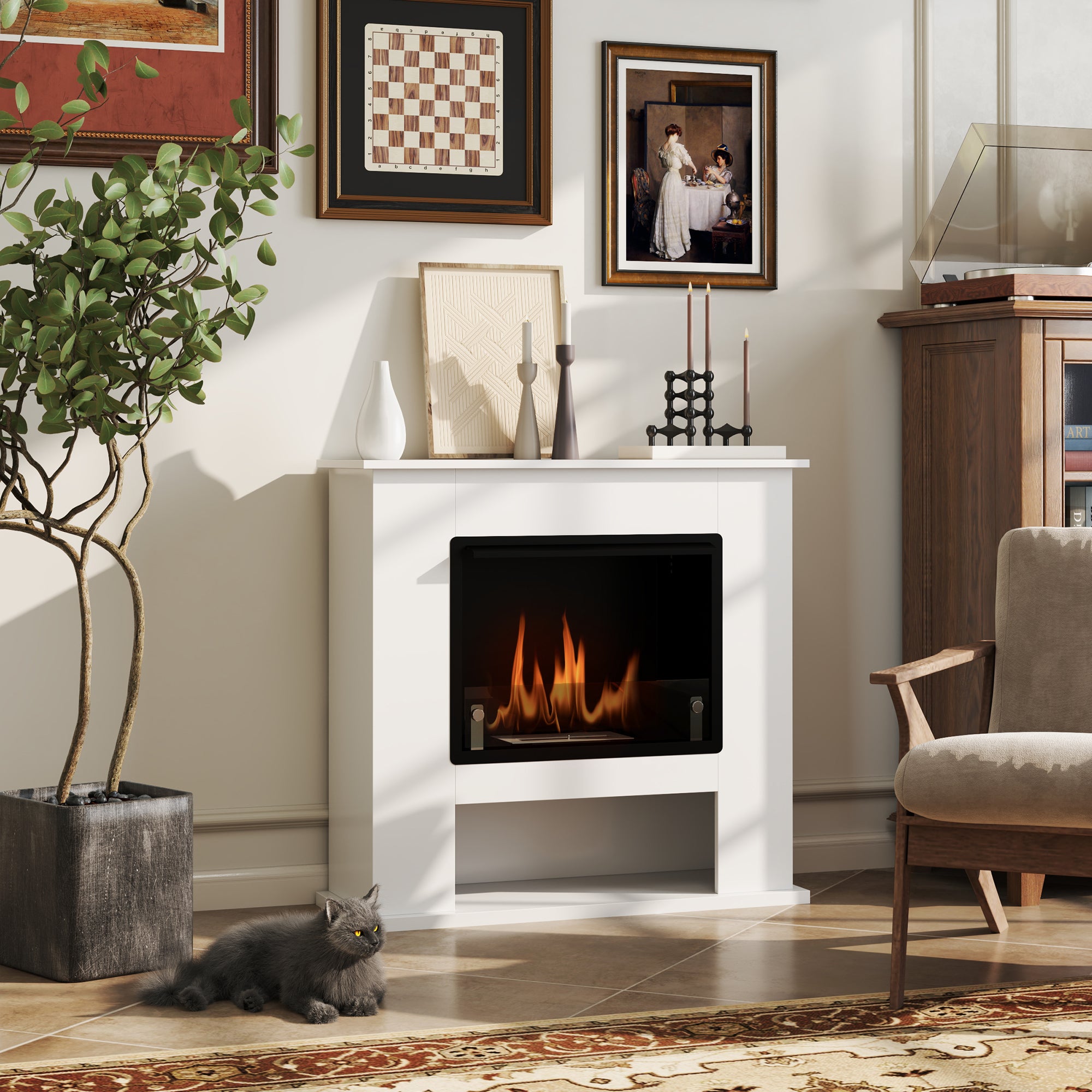 Bioethanol Fireplace 0.9L with Bottom Shelf, Stainless Steel and Tempered Glass, 86x30x82 cm, White