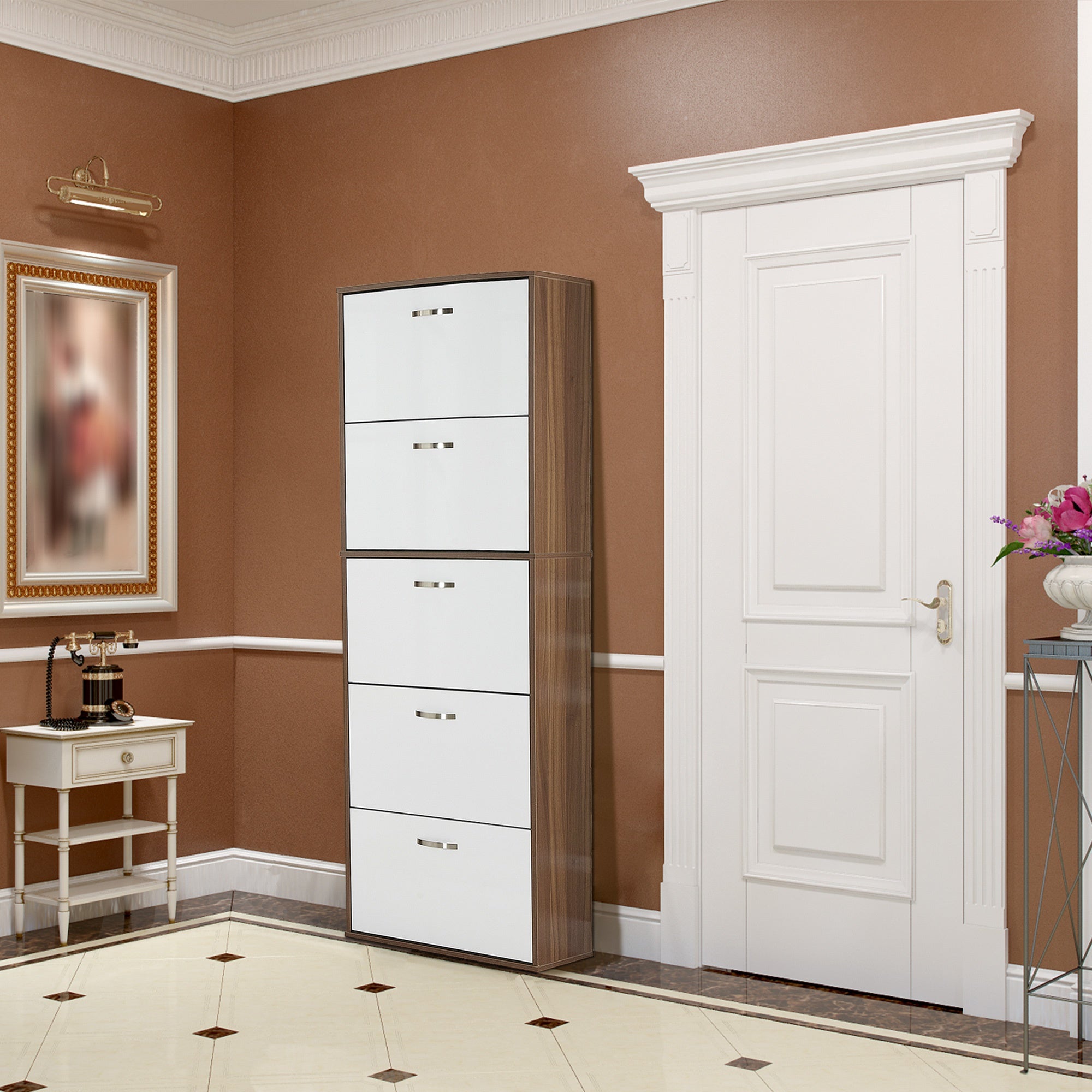 Slim 5-Tier Shoe Rack with 2 Shelves per Level, in MDF, 60x28x189 cm, White and Brown - Borgè
