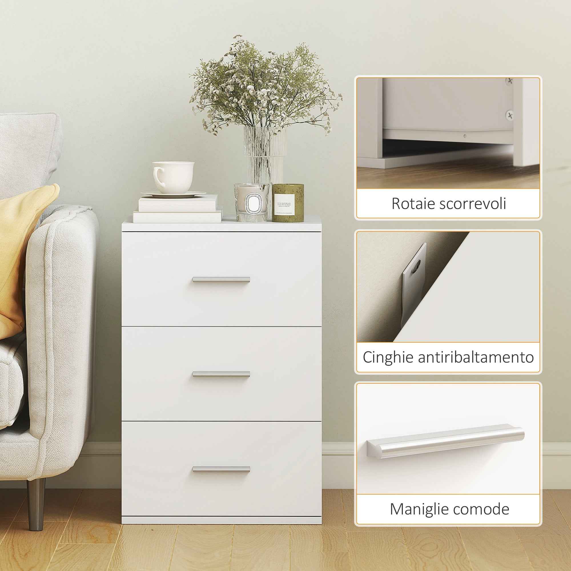 HOMCOM Modern and Multipurpose Bedside Table with 3 Drawers for Bedroom and Living Room, 40x35x60 cm, White