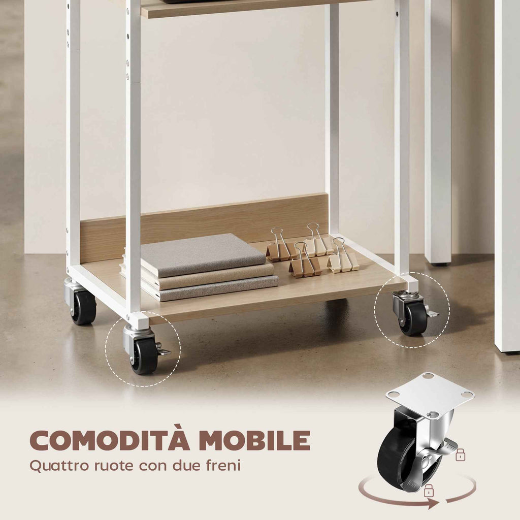 HOMCOM 3-Tier Printer Stand with Wheels and Hooks, Natural