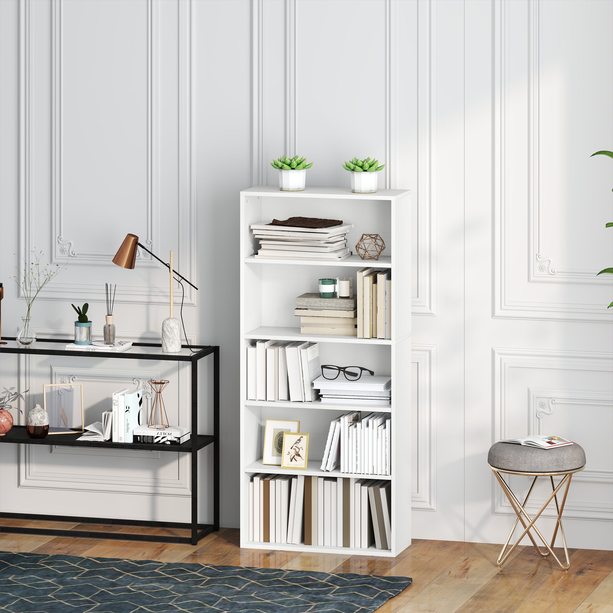 5-Shelf Bookcase Cabinet with 3 Flexible Shelves, in Wood, 60x24x133.5 cm, White