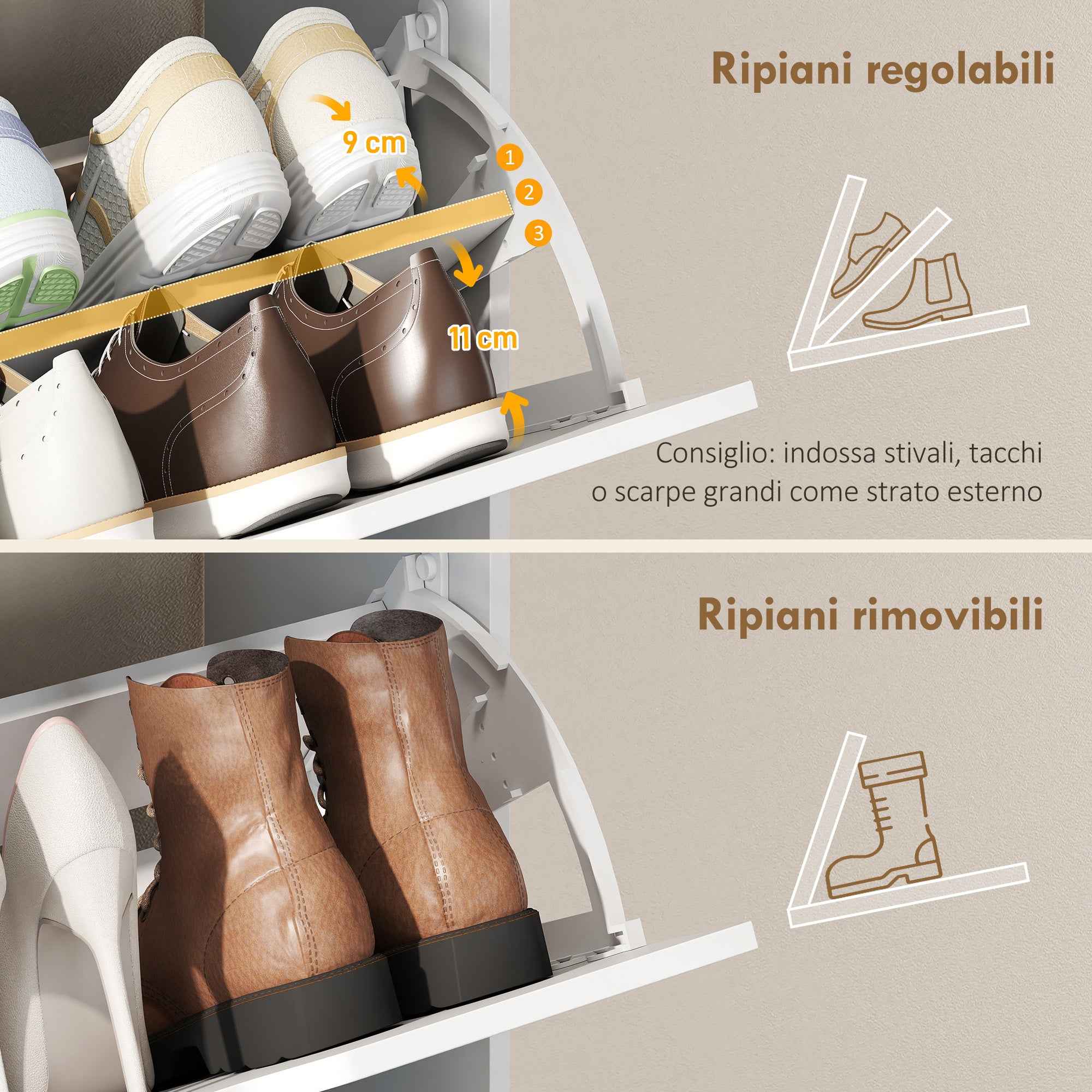 Shoe Rack with 3 Flap Drawers and Adjustable Shelves, for Hallway or Entryway