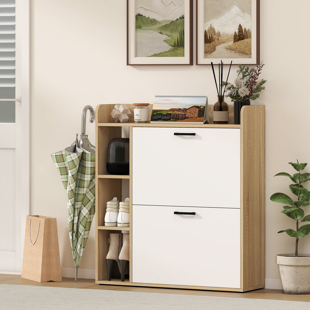 HOMCOM Slim Shoe Rack with 2 Tilting Drawers and 3 Open Compartments, Capacity 15 Shoes, 83x24x90.5 cm, Wood and White Color