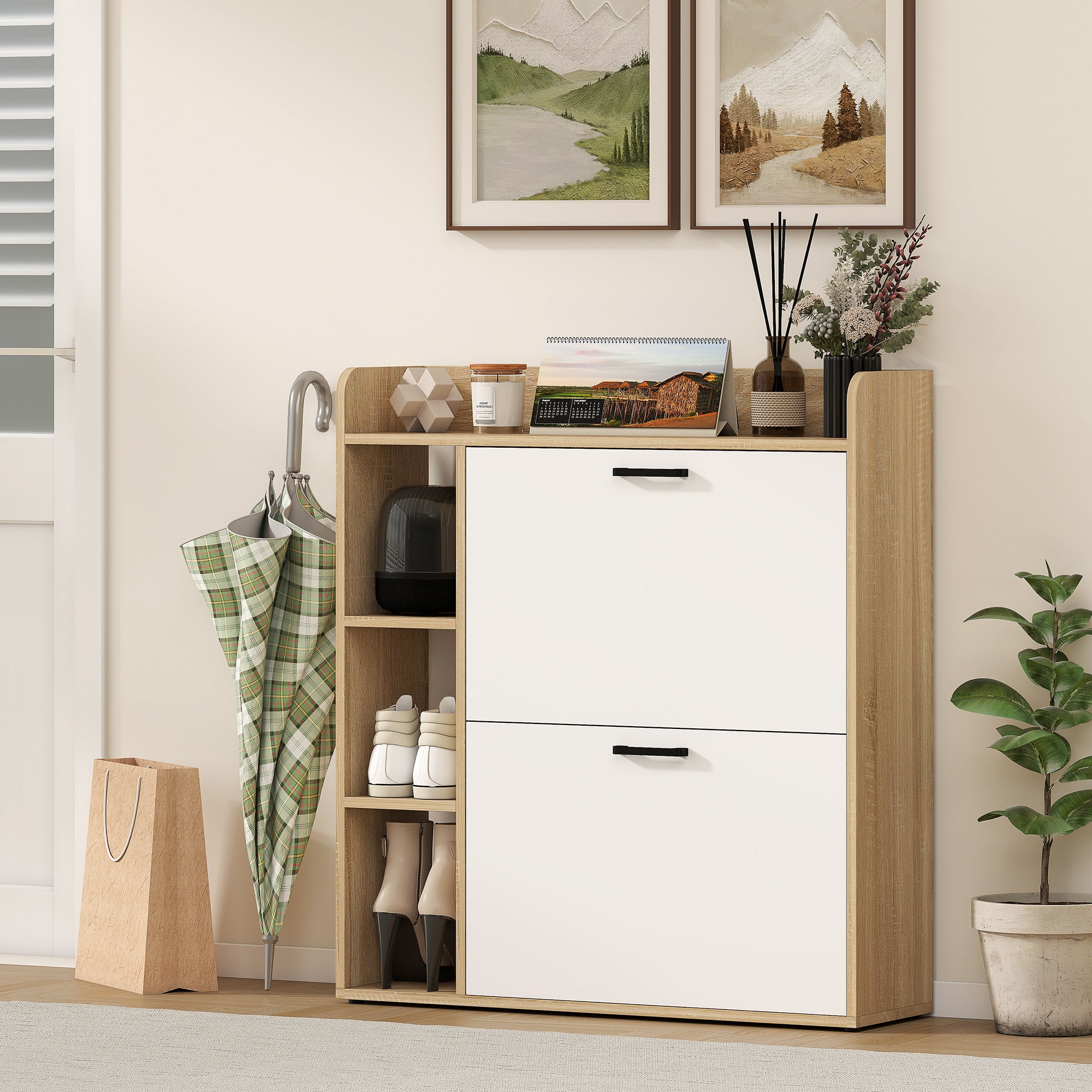 HOMCOM Slim Shoe Rack with 2 Tilting Drawers and 3 Open Compartments, Capacity 15 Shoes, 83x24x90.5 cm, Wood and White Color