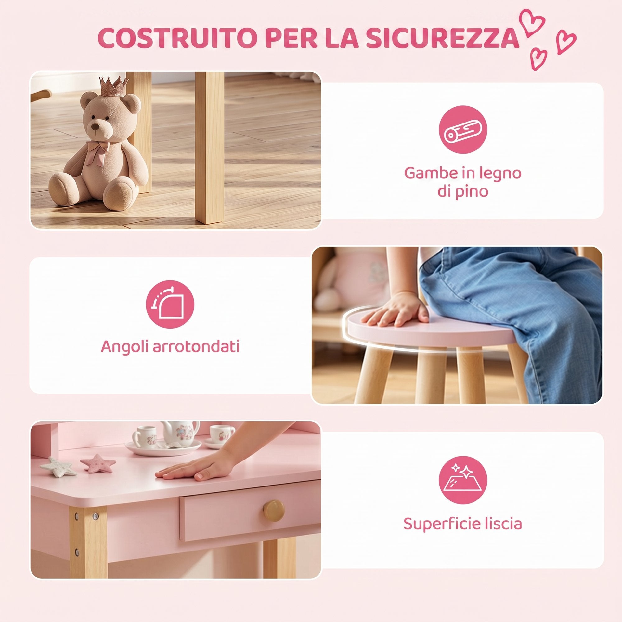 AIYAPLAY Girls' Dressing Table with Stool, Mirror, and Wooden Drawer, Ages 3-6, Pink