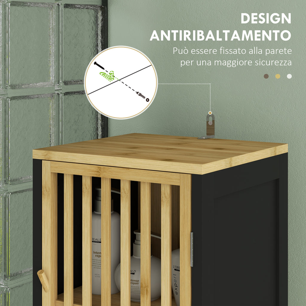 HOMCOM Slatted Bathroom Cabinet with 2 Open Shelves and 2 Cabinets, in MDF and Bamboo, 32x30x172 cm, Black and Wood Color - Borgè