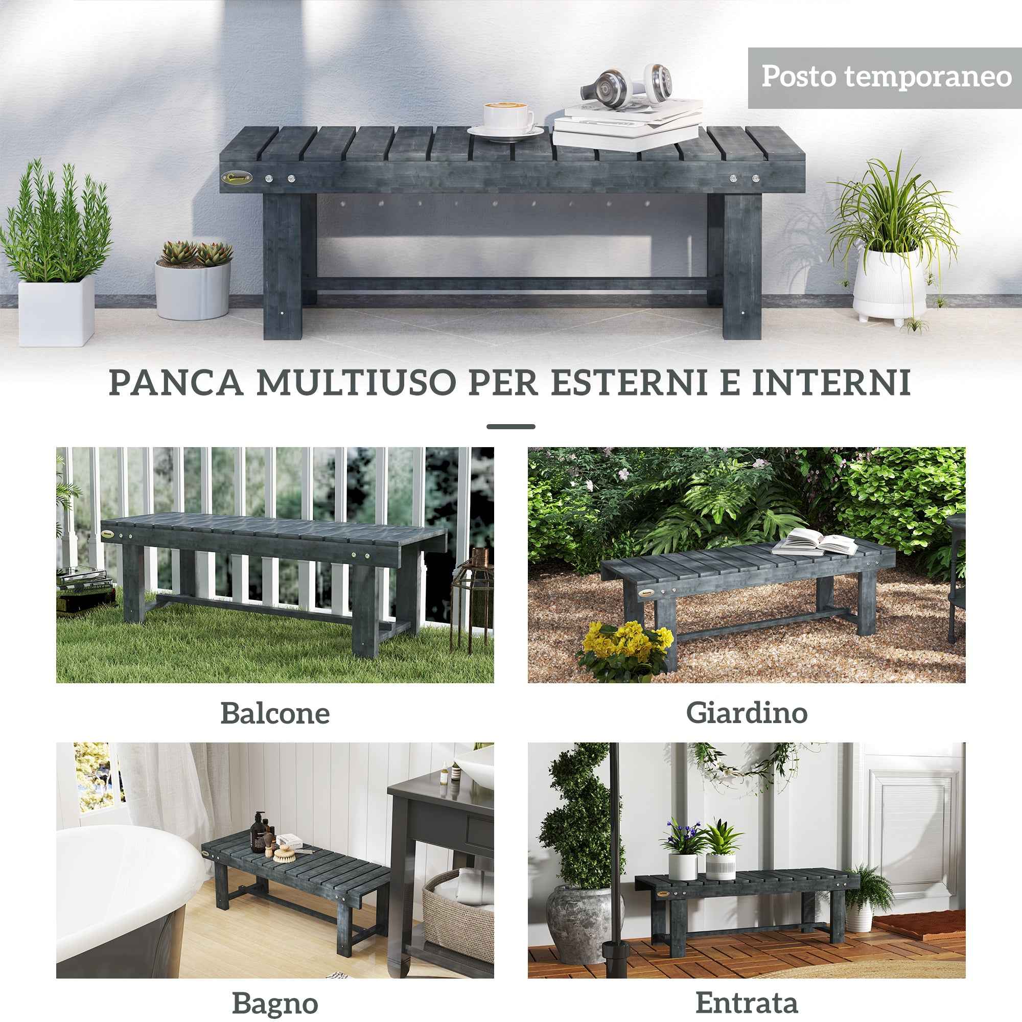 Outsunny 2-Seater Waterproof Garden Bench in Fir Wood, 110x38x35 cm, Grey