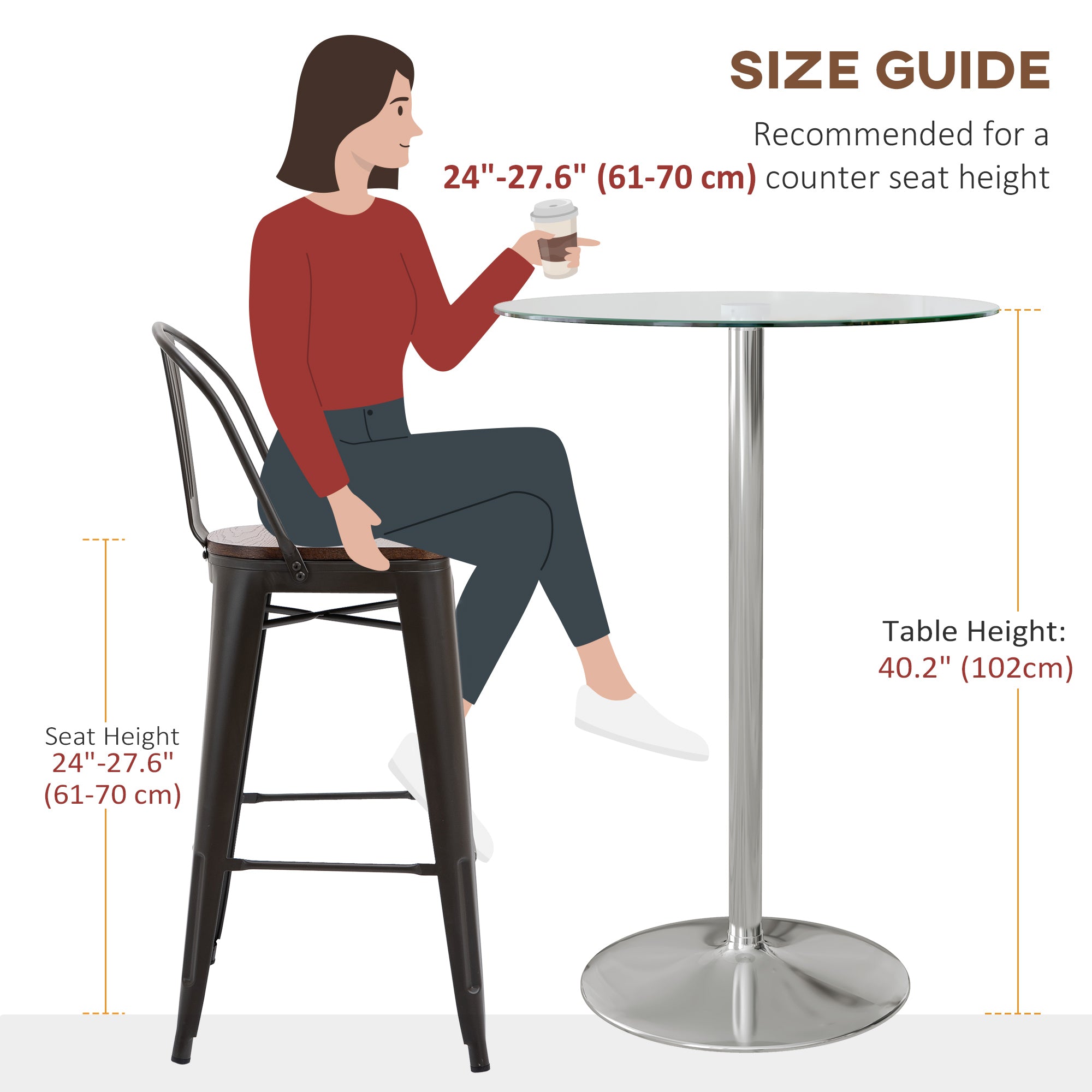 Homcom tall table from modern round bar with steel base and glass top, Ø70x102cm, transparent - Borgè