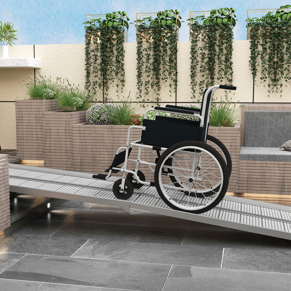 Foldable and Non-Slip Aluminum Wheelchair and Scooter Ramp for the Disabled, 305x73.5x5 cm, Silver