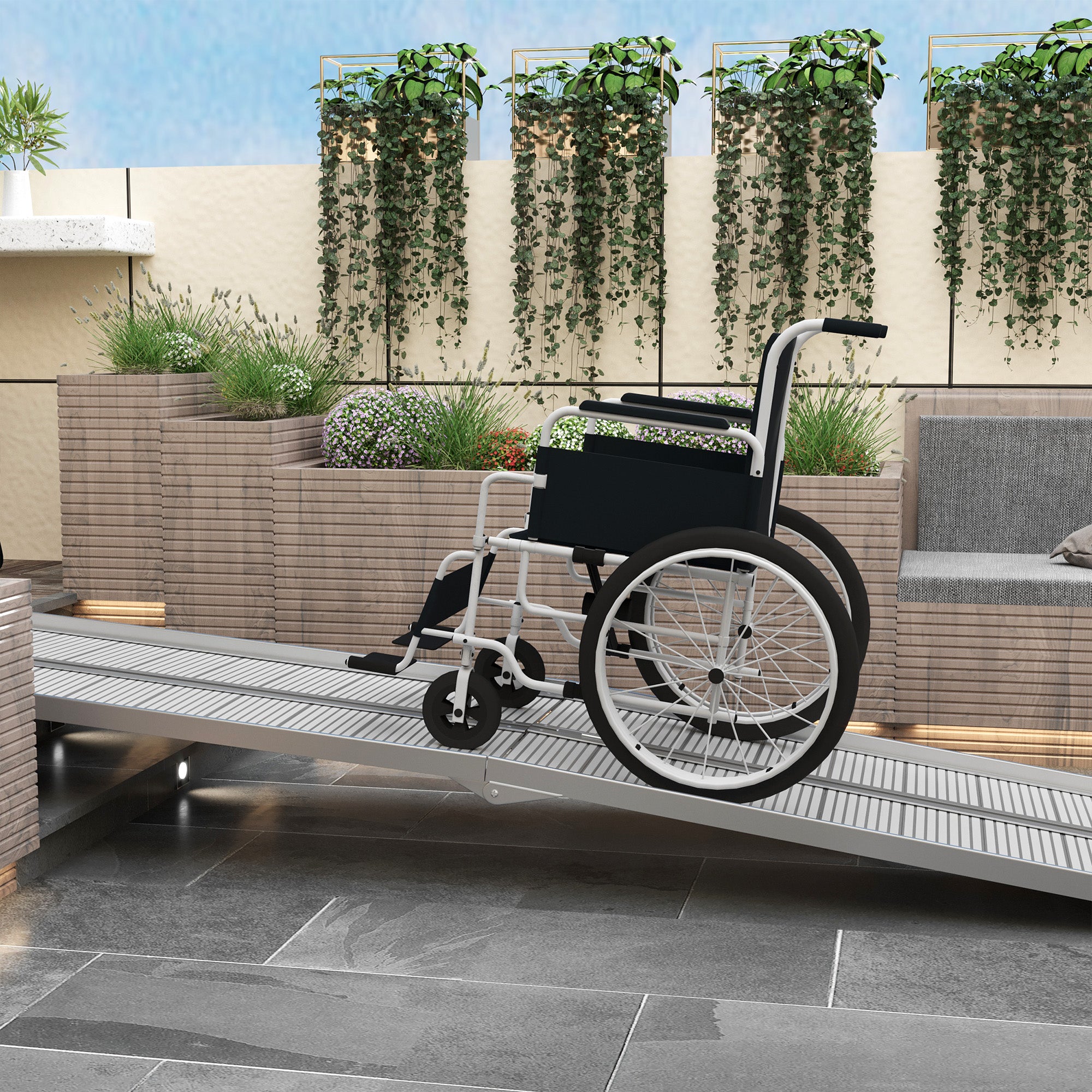 Foldable and Non-Slip Aluminum Wheelchair and Scooter Ramp for the Disabled, 305x73.5x5 cm, Silver