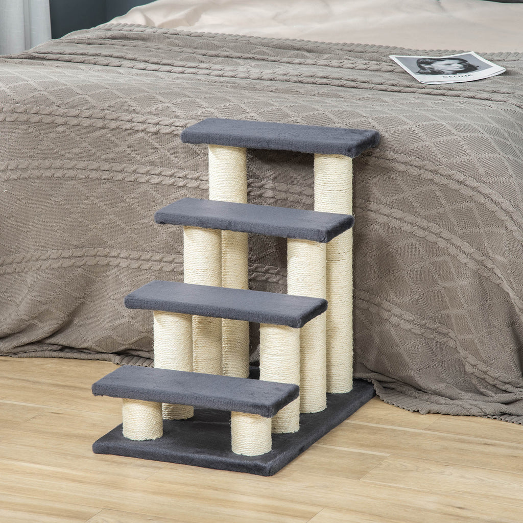 PawHut 4-Step Plush Dog and Cat Ladder with Sisal Scratching Posts, Grey