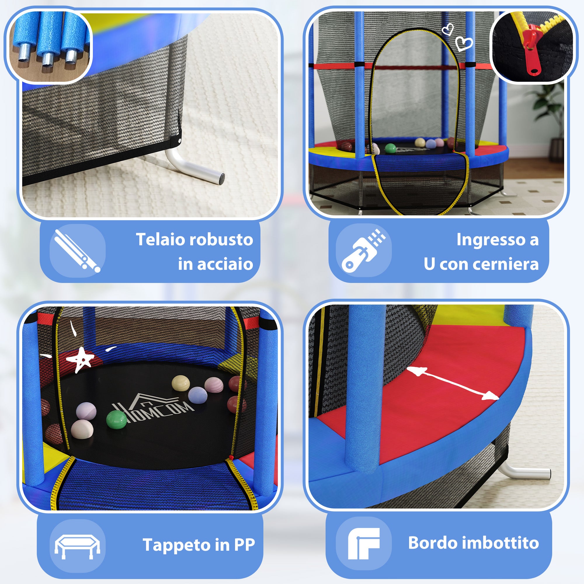 Trampoline for Children 3-6 Years with Safety Net, 6 Columns and 3 Entrances, Ø140x190 cm, Multicolor