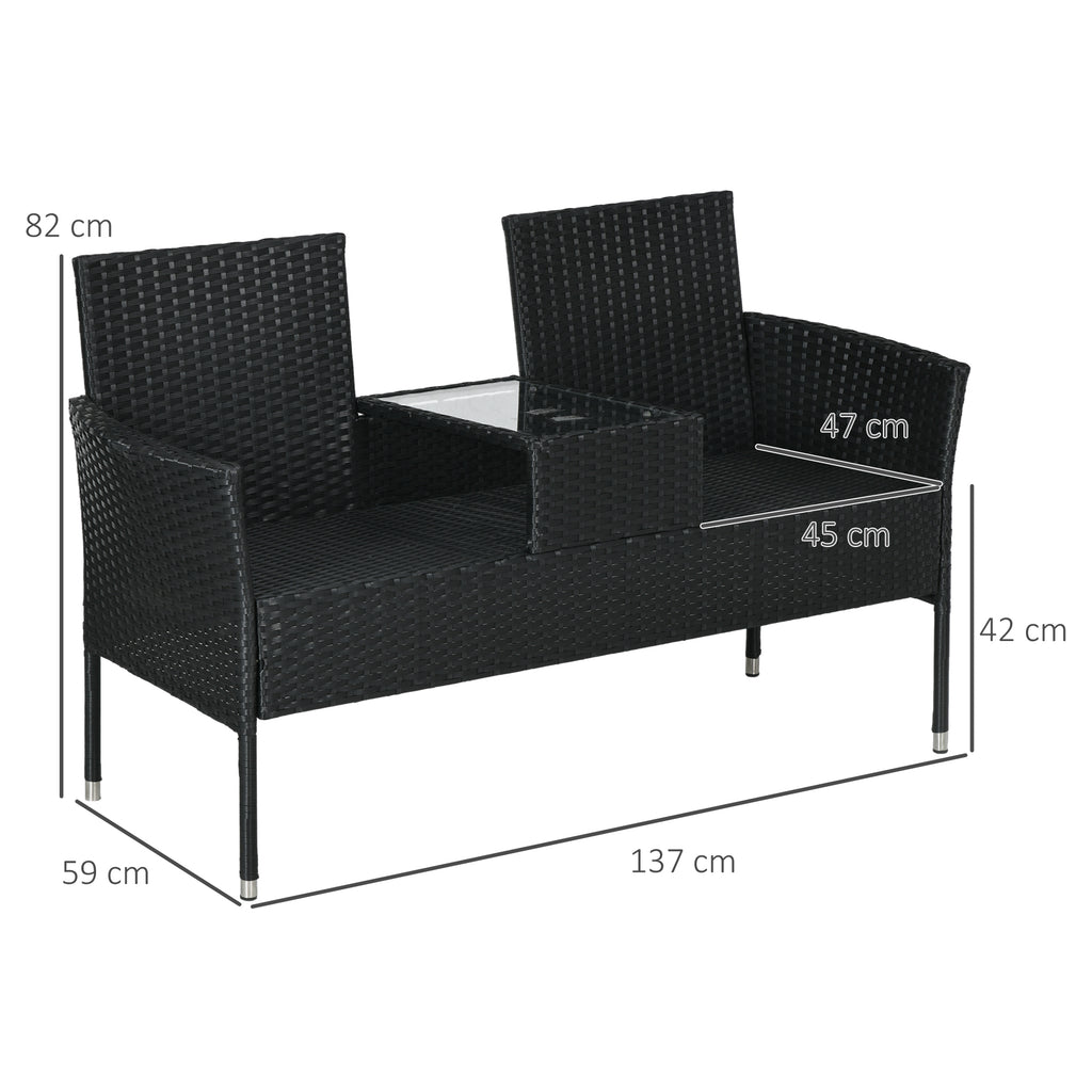 2-Seater Outdoor Sofa with Coffee Table, in Steel and PE Rattan, 137x59x82 cm, Black - Borgè
