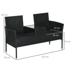 2-Seater Outdoor Sofa with Coffee Table, in Steel and PE Rattan, 137x59x82 cm, Black - Borgè