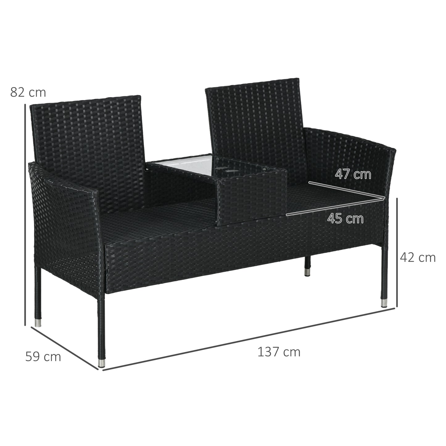 2-Seater Outdoor Sofa with Coffee Table, in Steel and PE Rattan, 137x59x82 cm, Black
