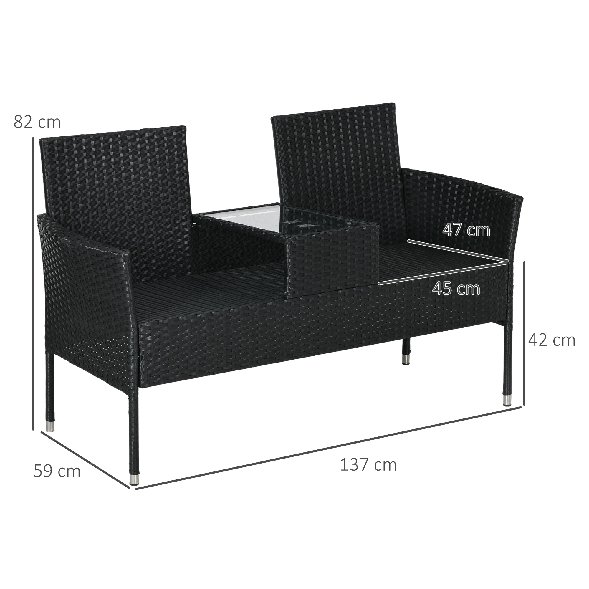 2-Seater Outdoor Sofa with Coffee Table, in Steel and PE Rattan, 137x59x82 cm, Black - Borgè