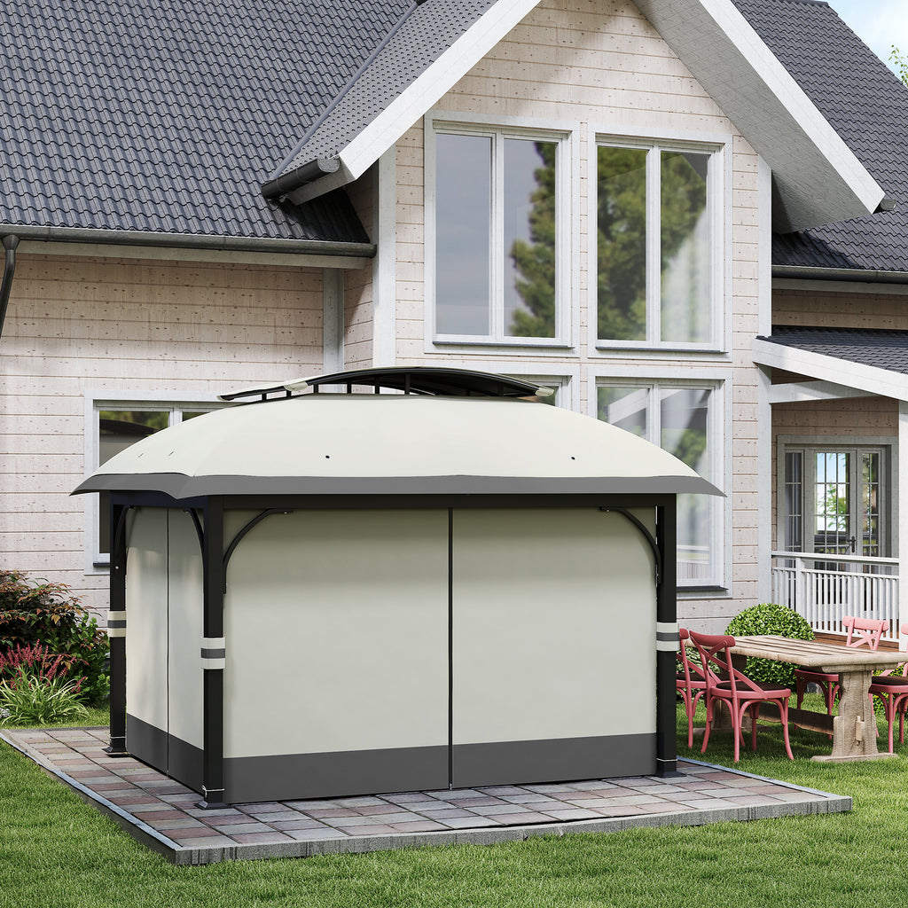 Garden Gazebo 4x3 m with Mosquito Nets and Double Roof, in Metal and Light Gray Polyester