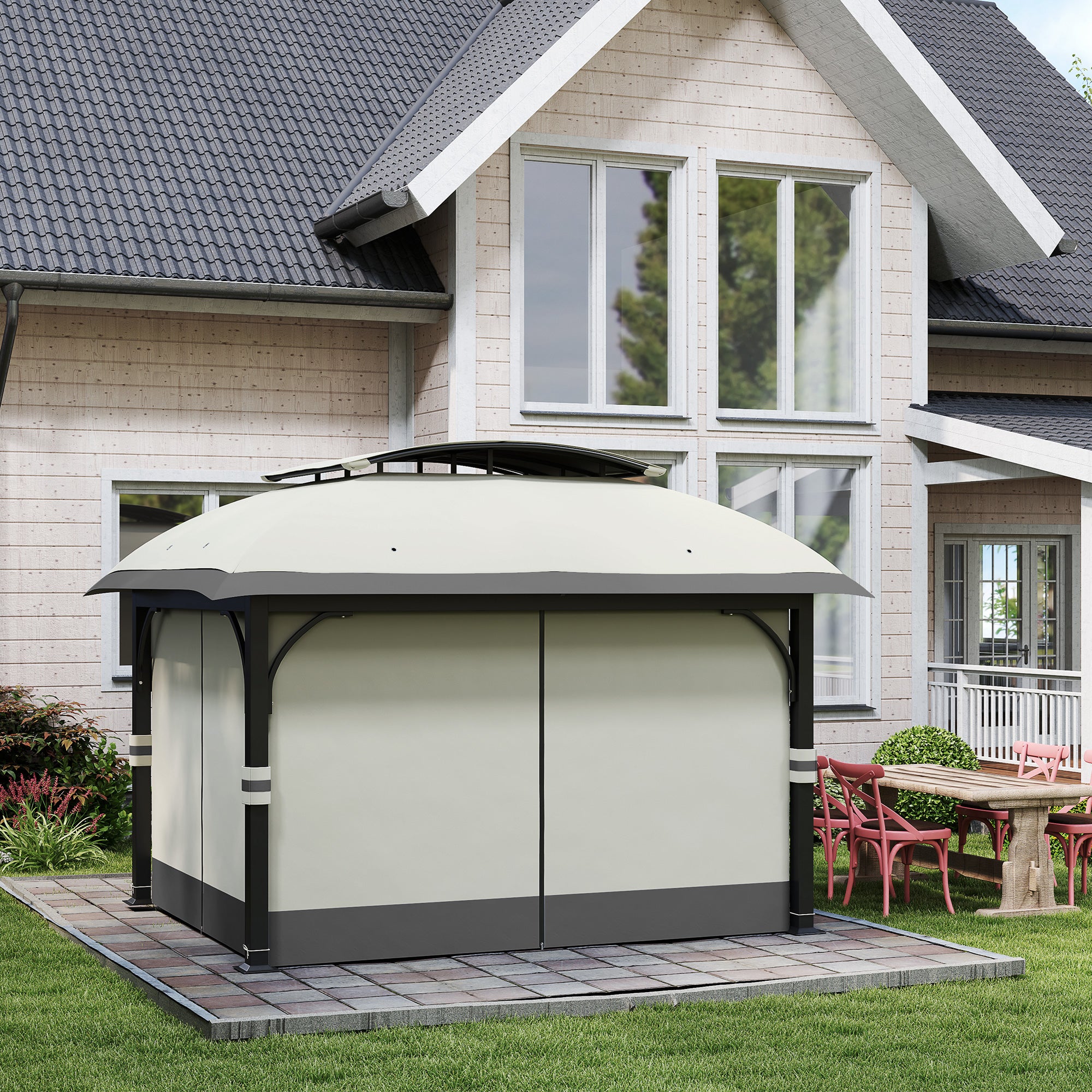 Garden Gazebo 4x3 m with Mosquito Nets and Double Roof, in Metal and Light Gray Polyester