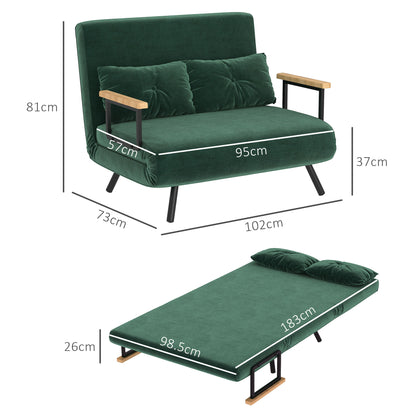 3-in-1 Velvet Effect Fabric Sofa Bed with Adjustable Backrest and 2 Cushions, 102x73x81 cm, Green