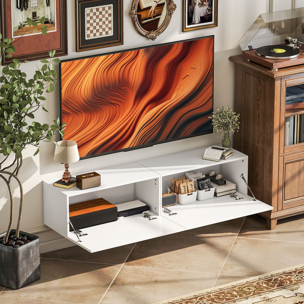 Wall Mounted TV Cabinet for 45"-55"-65" TVs with 2 Cabinets and Drop-Door, 140x33x29.8 cm, White