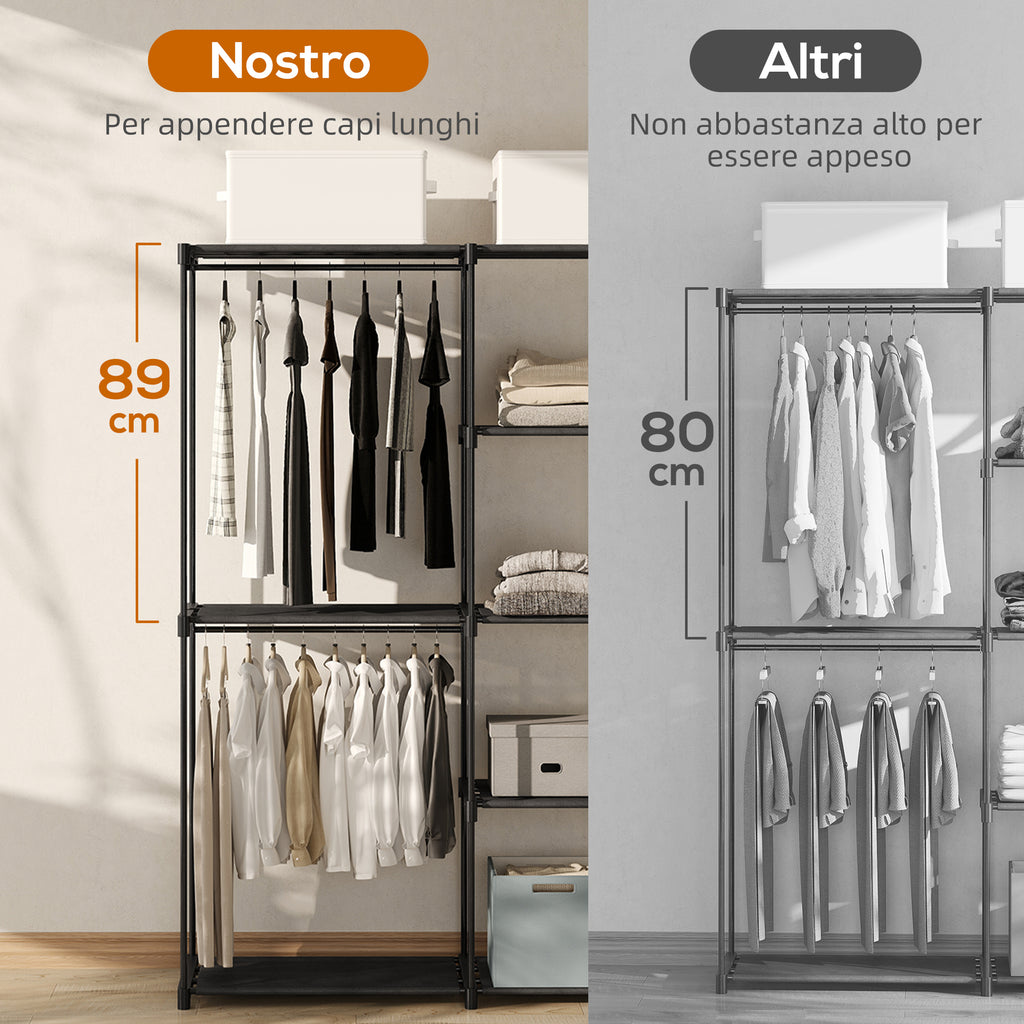 Wardrobe with 2 Rods and 4 Shelves, in Non-Woven Fabric, Plastic and Steel, 142x43x185 cm,