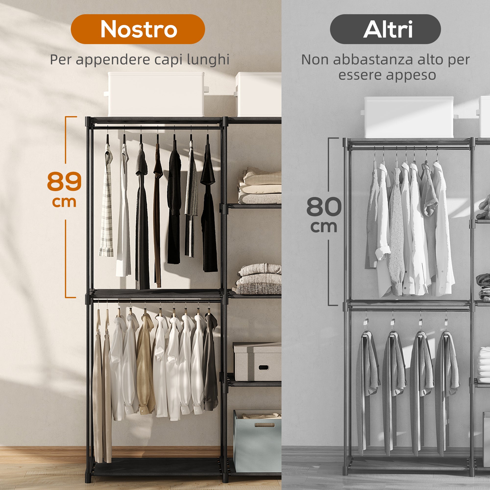 Wardrobe with 2 Rods and 4 Shelves, in Non-Woven Fabric, Plastic and Steel, 142x43x185 cm,