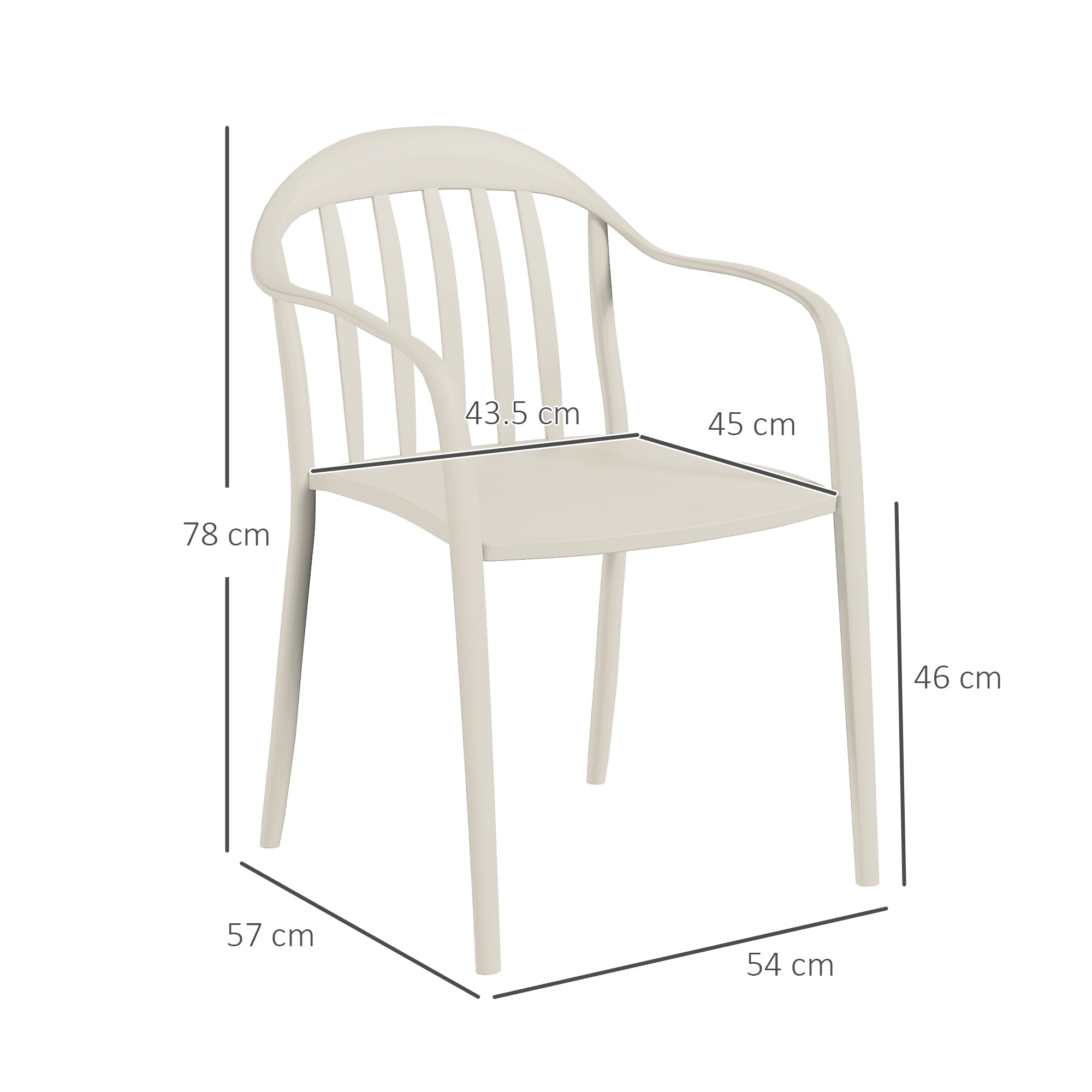 et of 4 Stackable Garden Chairs in PP with High Backrest and Armrests, 57x54x78 cm, White