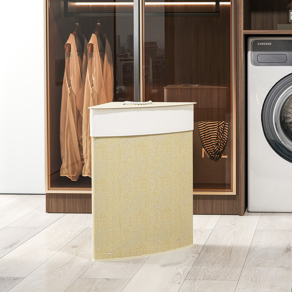 HOMCOM 55L Corner Laundry Hamper with Removable Bag and Removable Lid, Bamboo, 35x35x60 cm, Wood Color