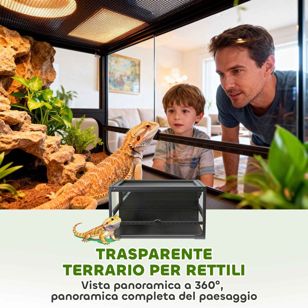 PawHut Raised and Foldable Reptile House with Tempered Glass and Plastic Lid and Walls, 60x45x32 cm, Black