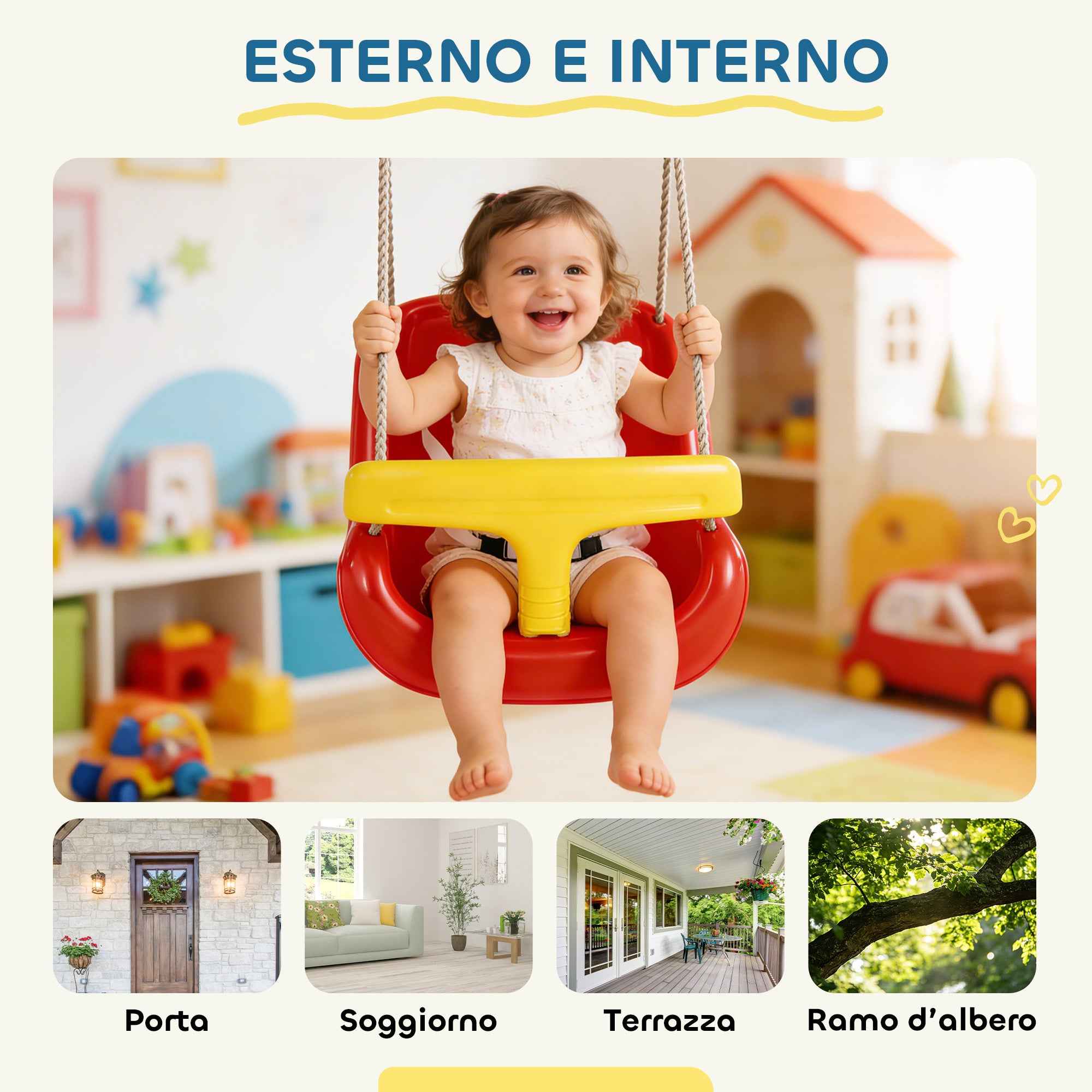 Baby Swing 9-36 Months Adjustable with Ropes and Carabiners, PE, 28x36x180 cm, Red and Yellow