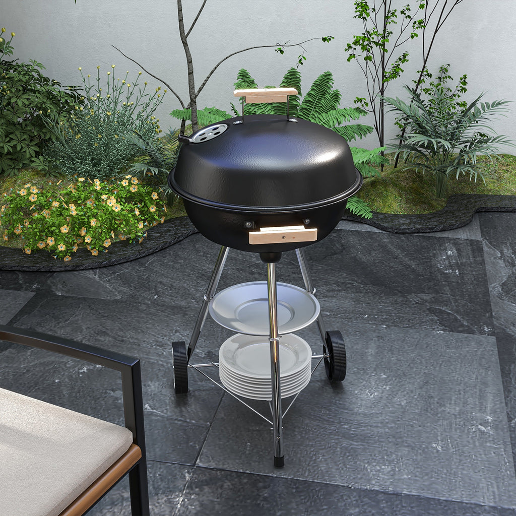 Charcoal Barbecue with Steel Grill, Lid and Air Vents and Wheels, Black