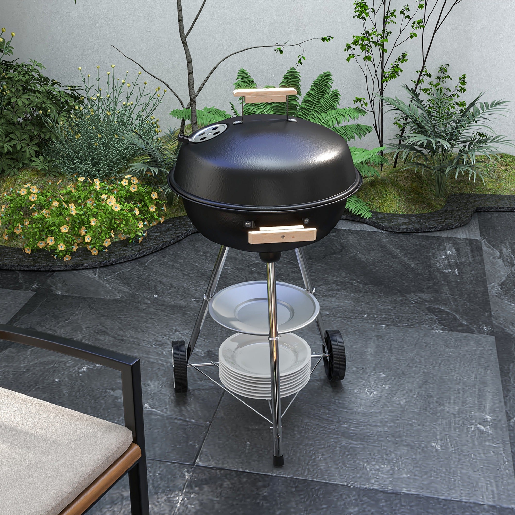 Charcoal Barbecue with Steel Grill, Lid and Air Vents and Wheels, Black