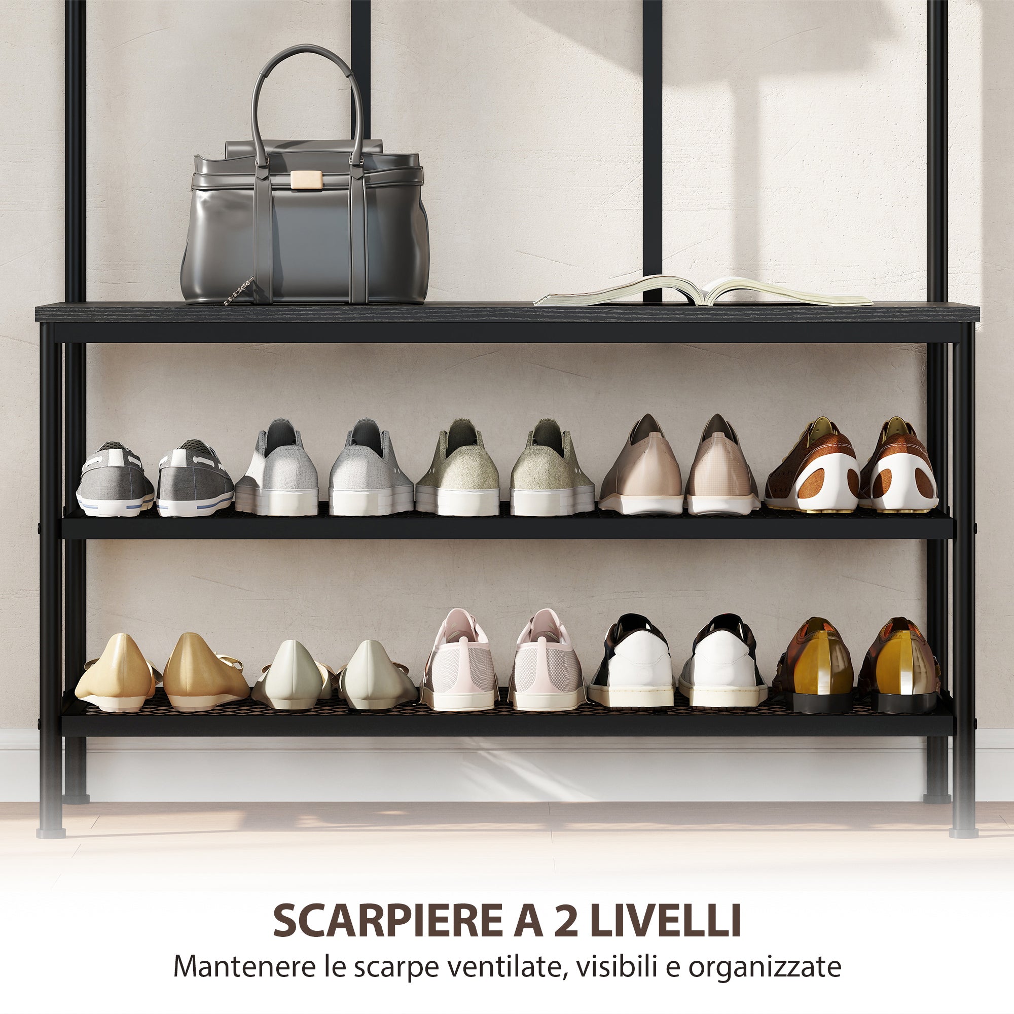 3-in-1 Hallway Coat Rack with 6 Hooks and Shoe Rack Bench, 91x36x180 cm, Black