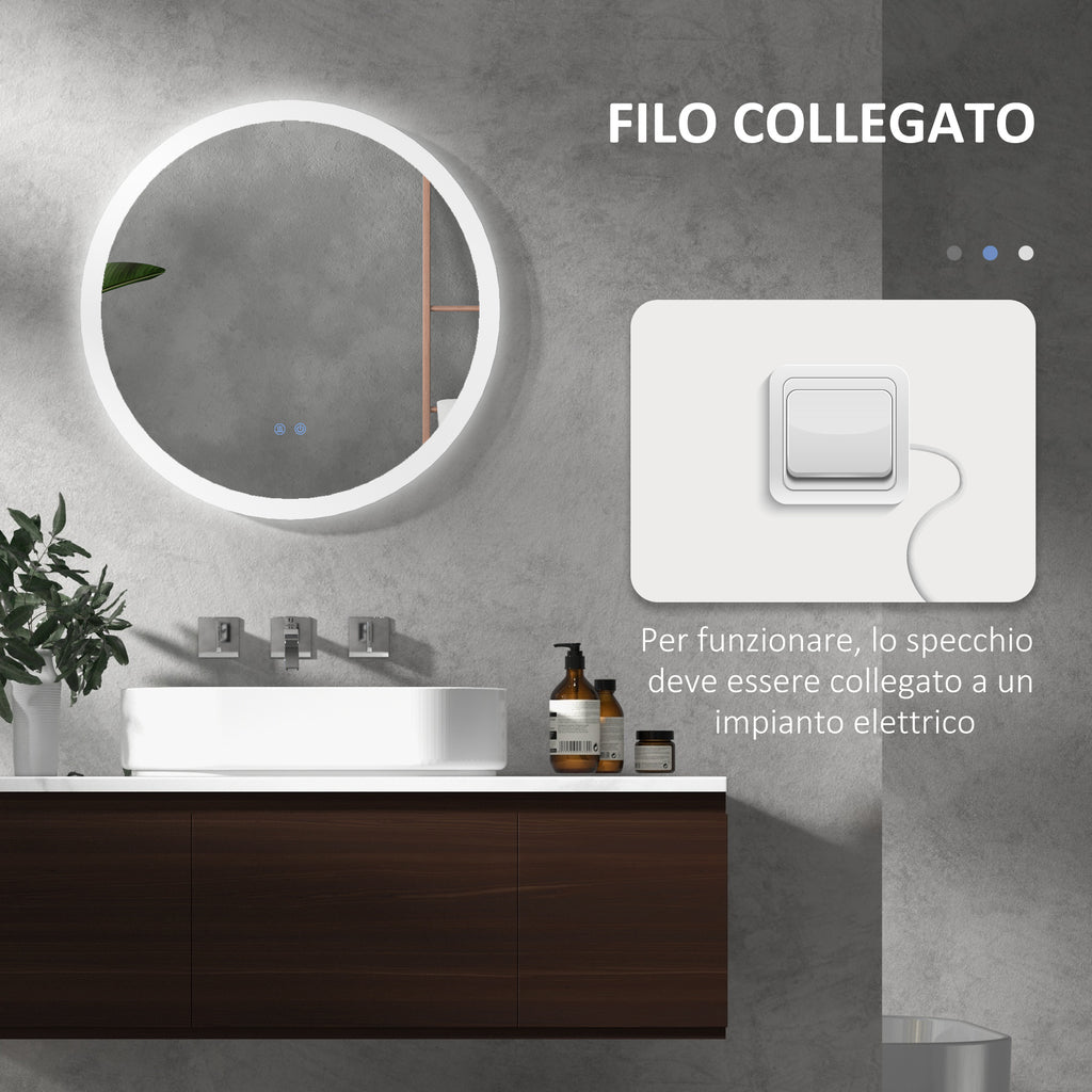 Bathroom Mirror with Adjustable LED Lights, Touch Control and Anti-Fog Design, Ø60 cm