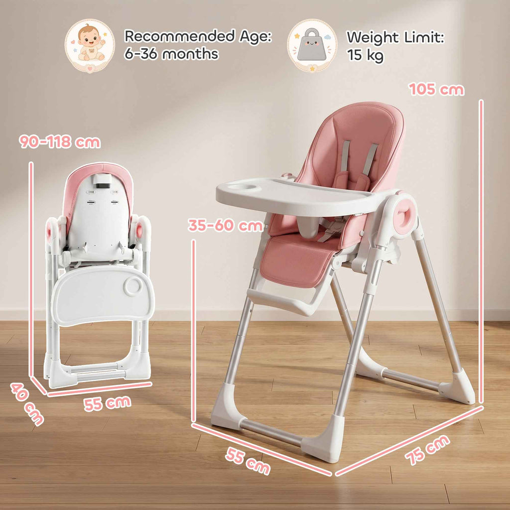 AIYAPLAY Folding High Chair for Babies 6-36 Months with Adjustable Height, Double Washable Tray, Wheels, Pink