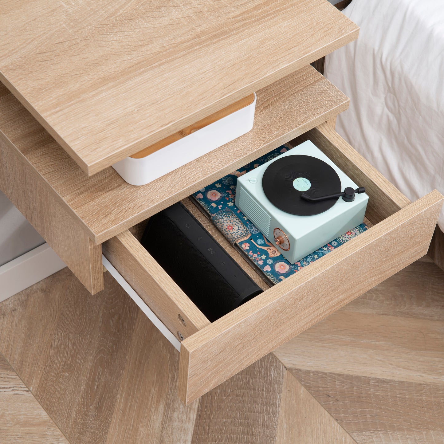 Set of 2 Modern Floating Bedside Tables with Drawer and Wooden Shelf 35x32x22.5cm, Oak