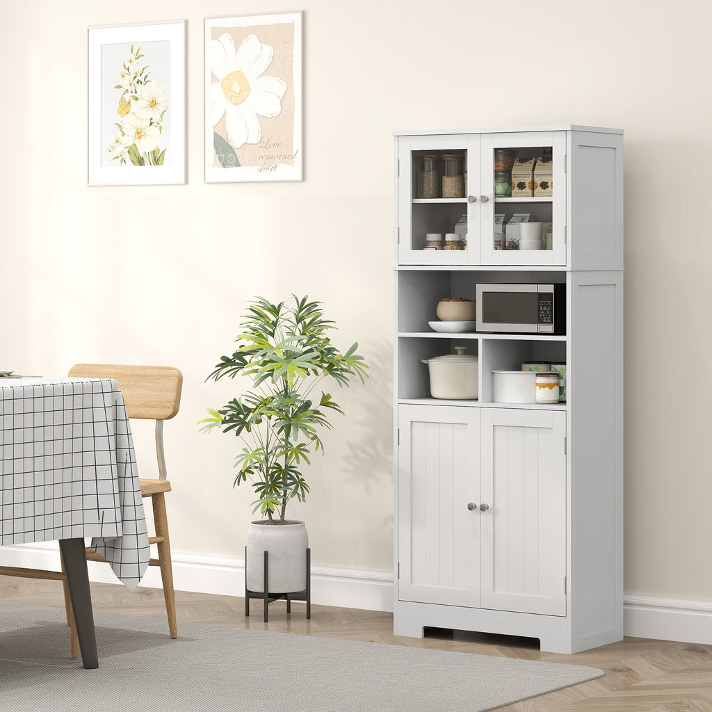 Kitchen Sideboard with 2 Cabinets and 3 Open Compartments, Glass Doors and Adjustable Shelves, 60x30x145.5 cm, White