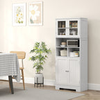 Kitchen Sideboard with 2 Cabinets and 3 Open Compartments, Glass Doors and Adjustable Shelves, 60x30x145.5 cm, White