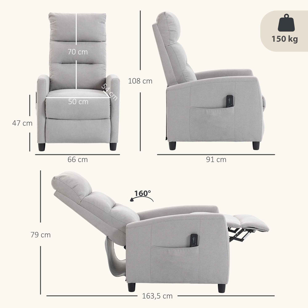 HOMCOM 160° Reclining Massage Chair with Footrest and Remote Control, 66x91x108 cm, Light Grey Chenille