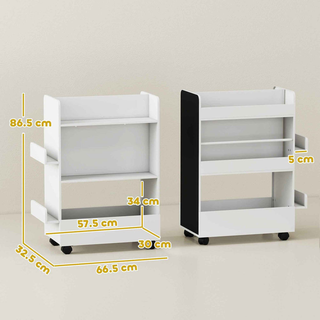 AIYAPLAY Double-Sided Bookcase for Children Ages 3-8, Toy Storage Rack with Wheels and Blackboard, White