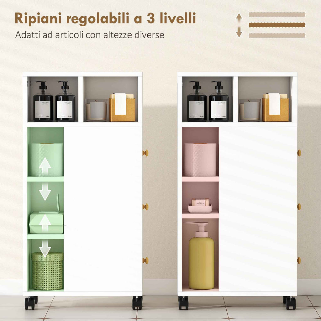 HOMCOM Space-Saving Bathroom Cabinet with Wheels, 3 Drawers and 5 Compartments with Adjustable Shelves, 20x40x80 cm, White