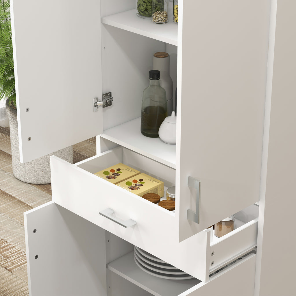 Tall Kitchen Sideboard with 2 Cabinets and a Central Drawer, Adjustable Shelves and 4 Doors in Total, White