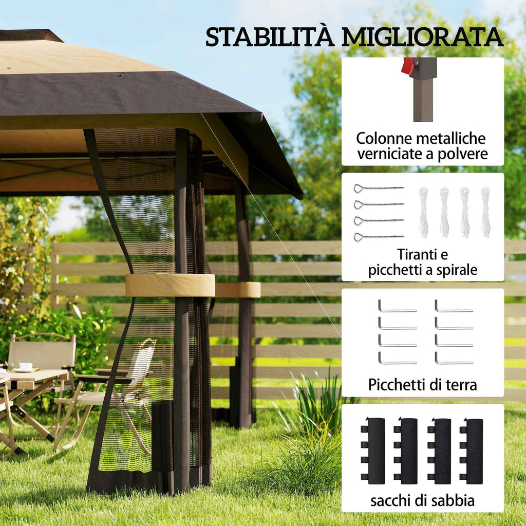 Outsunny 4x4m Folding Gazebo with 4 Side Mosquito Nets, Double Roof, and Sandbags, Khaki and Brown