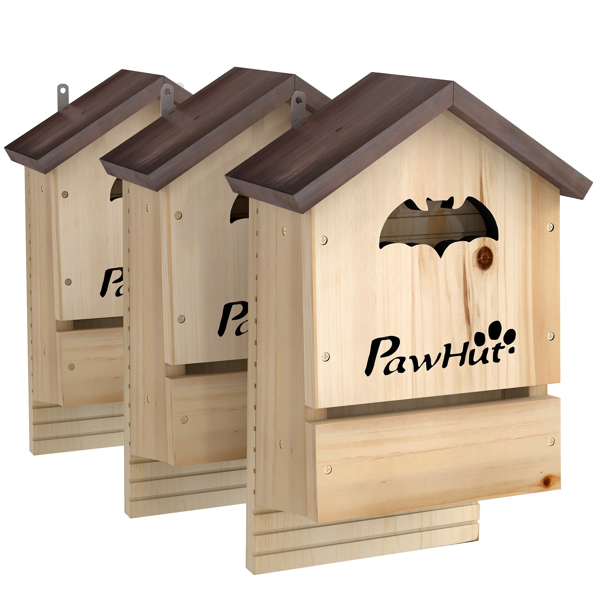 PawHut Set of 3 Fir Wood Bat Houses, 21.5x11.5x34 cm, Natural Wood