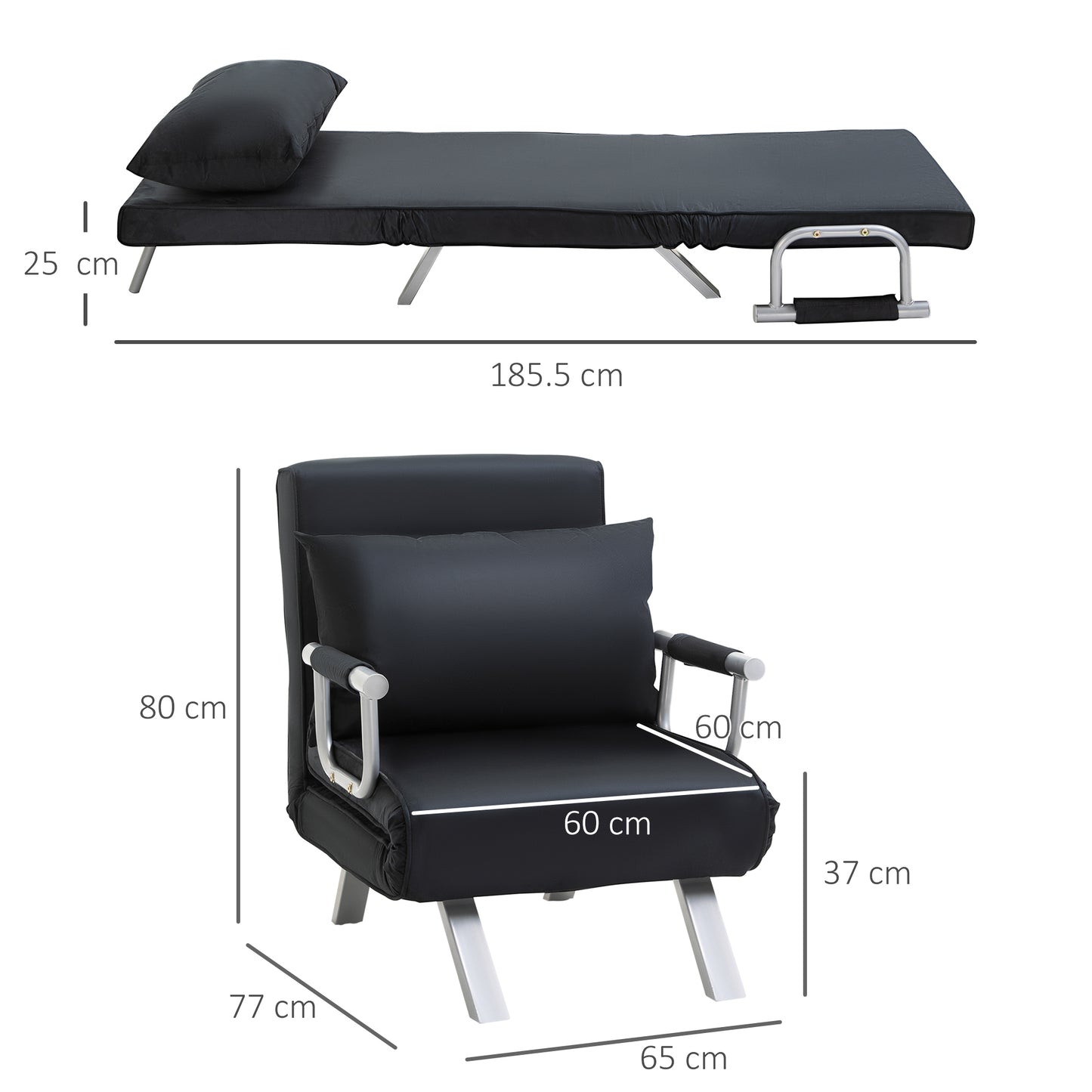 Modern 2-in-1 Armchair Bed with 5-Position Reclining Backrest and Cushion, 65x77x80cm, Black