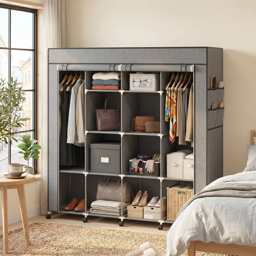 HOMCOM Portable Non-Woven Fabric and Steel Wardrobe with Wheels, 10 Compartments and 2 Hanging Rails, Dark Grey