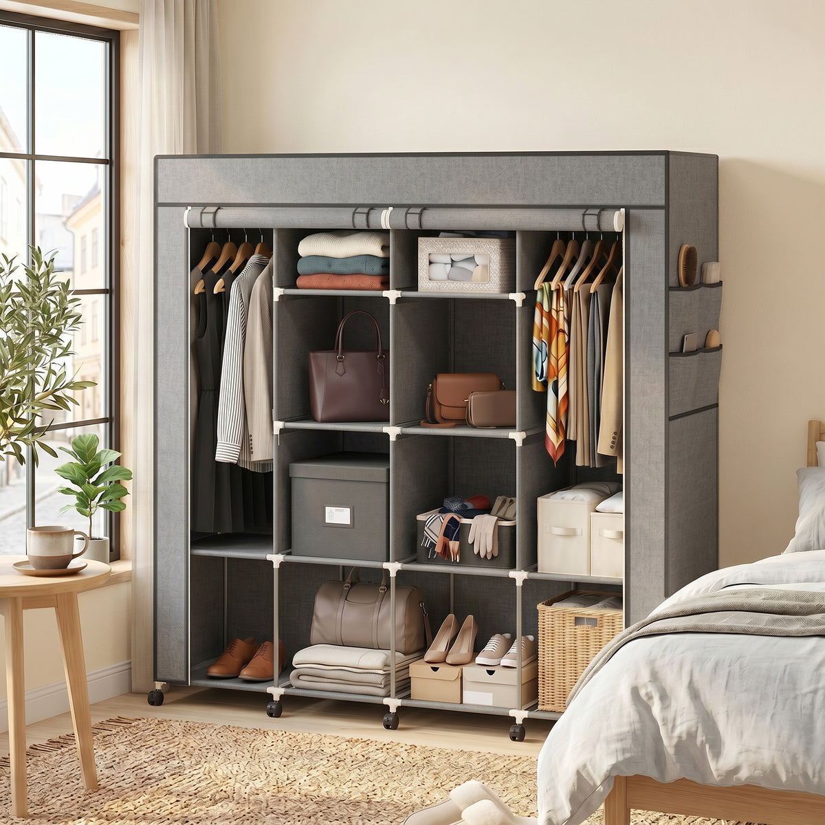 HOMCOM Portable Non-Woven Fabric and Steel Wardrobe with Wheels, 10 Compartments and 2 Hanging Rails, Dark Grey