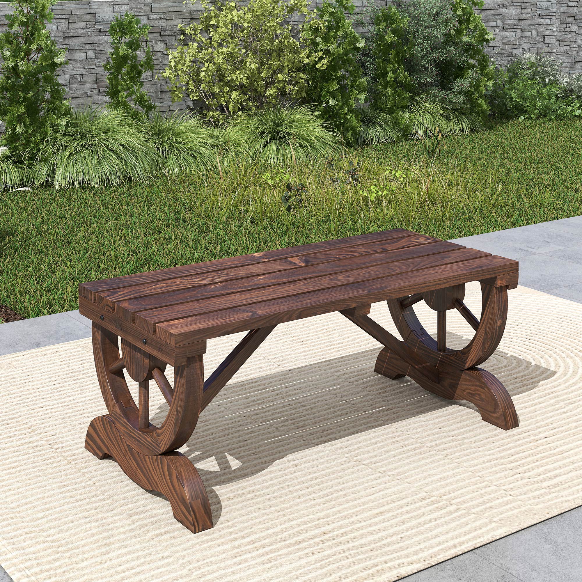 Outsunny 2-Seater Garden Bench with Wheel Design, Outdoor Slatted Fir Wood Bench, Patio and Backyard Terrace Bench, 98x50x39.5 cm, Brown