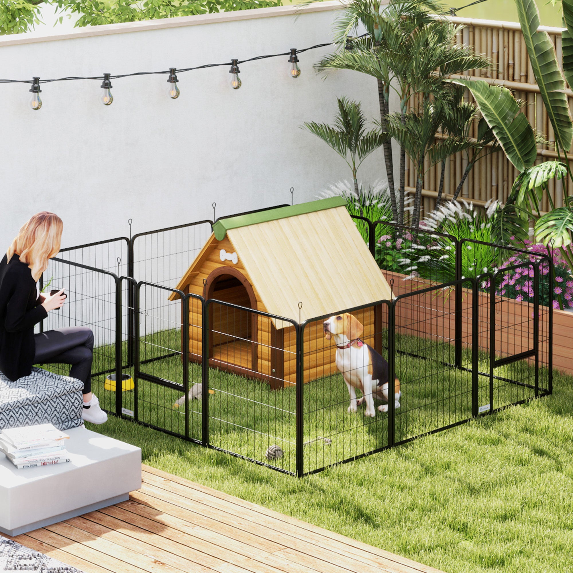 Dog Fence with 12 Modular Panels of 68x1.5x80cm in Black Steel with Entrance Door